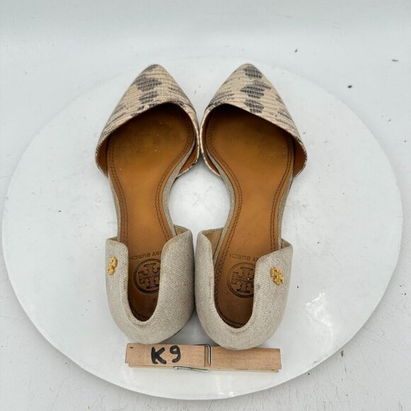 Tory Burch D'Orsay Viv Women Size 7M Lizard Leather Linen Pointed Toe Flat Shoes - Picture 9 of 12